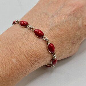 Red Jasper Cabochon .925 Sterling Silver Bezel Set Link Bracelet 7.5" Artisan